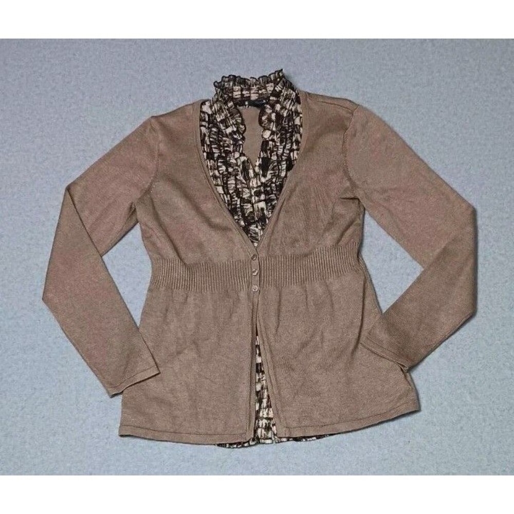East 5th Layered Long Sleeve Knit Cardigan Ruffle Blouse Womens M Brown Academia